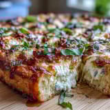 A single slice of Hot Honey Ricotta Pizza is drizzled with warm spicy honey and topped with fresh basil leaves.