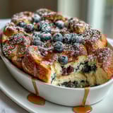 Golden Blueberry Pancake Casserole baked in a casserole dish with juicy berries and a golden crust, perfect for a hearty brunch spread.