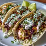 Zesty grilled fish tacos marinated in coconut milk and lime, topped with crunchy cabbage slaw and creamy coconut lime sauce.  