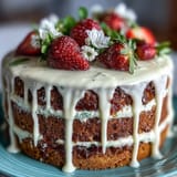 Moist vanilla layer cake with fresh strawberry buttercream, white chocolate drip, and edible flowers, perfect for spring gatherings.