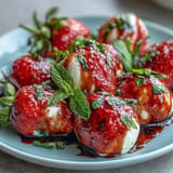 A beautiful Fresh Strawberry Caprese Salad with Mozzarella, drizzled with balsamic glaze.