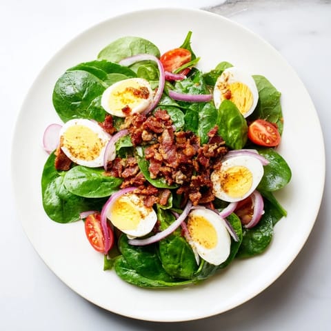 Crispy bacon and creamy eggs enhance this vibrant spinach salad, ready to enjoy immediately.