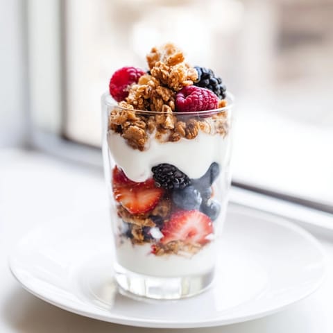 A vibrant Berry Parfait displays layers of fresh berries, crunchy granola, and creamy yogurt in a glass.