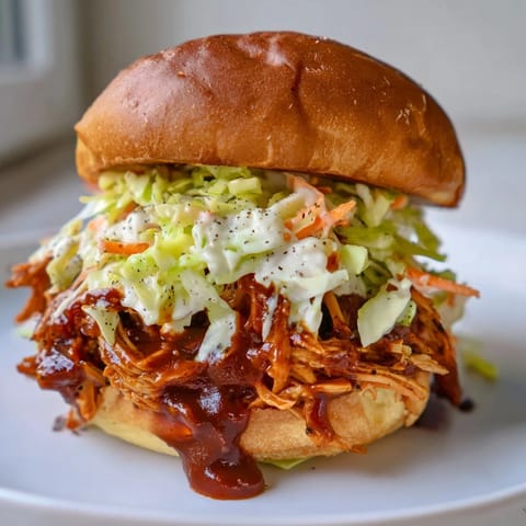 A close-up shot of a homemade BBQ chicken sandwich, showcasing the tender chicken and tangy sauce.