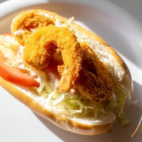 A close-up shot of a piled-high Shrimp Po Boy, ready to eat, bursting with flavor.