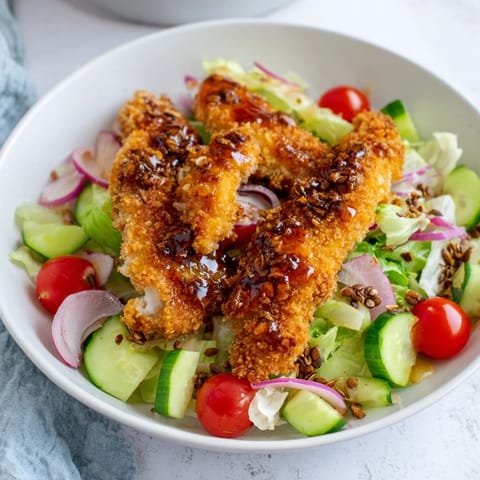 Savory fried chicken salad with crunchy vegetables and a bold hot honey glaze on a bed of greens.