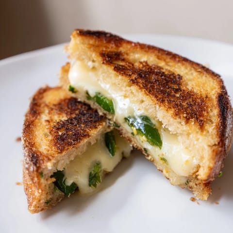 Toasted Havarti grilled cheese with vibrant jalapeños and melted cheese oozing between buttery bread.