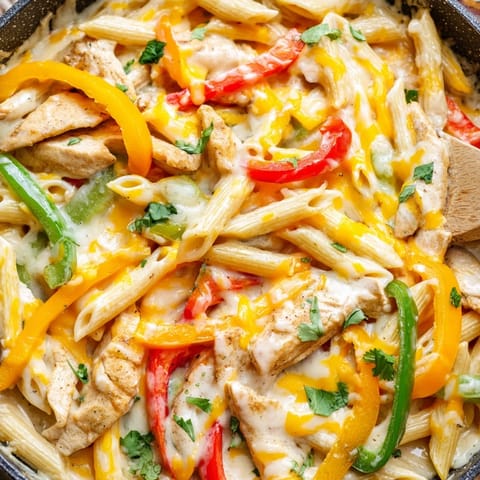 A steaming skillet of Chicken Fajita Pasta Skillet garnished with lime wedges, ready for a quick family dinner.
