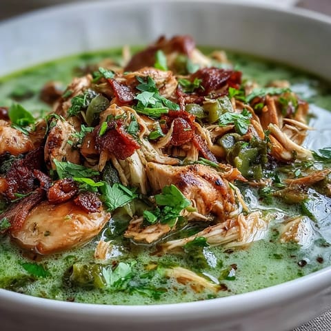 Bowl of hearty Chicken Chili Verde topped with creamy avocado slices and diced radishes, perfect for a comforting Mexican-inspired dinner.