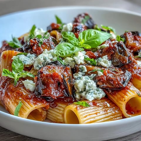 A close-up of classic Sicilian Pasta Alla Norma with ricotta salata, fresh basil, and tender roasted eggplant in a hearty tomato sauce.