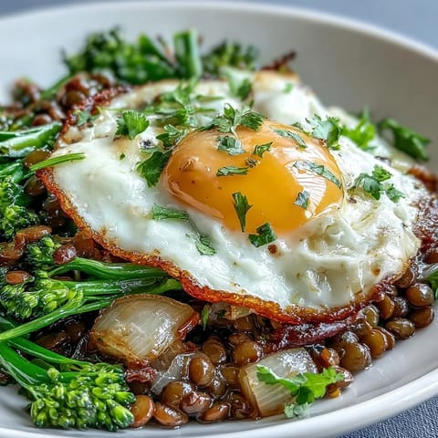 A vibrant bowl of French Lentil Salad With Broccolini and Soft-Cooked Eggs, drizzled with tangy Dijon vinaigrette.  