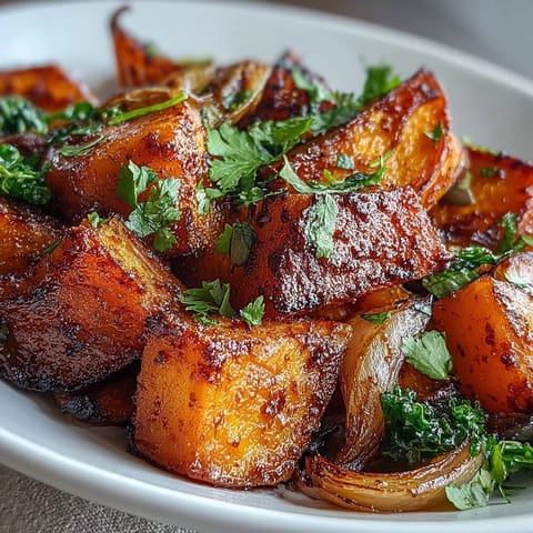 Golden roasted red kuri squash cubes and caramelized onions rest over wilted kale in a ceramic bowl, topped with pepitas, cilantro, and a fresh lime wedge.