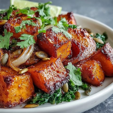 A vibrant Sweet and Spicy Red Kuri Squash Bowl garnished with pumpkin seeds and herbs, ready for a cozy vegetarian dinner on a wooden table.
