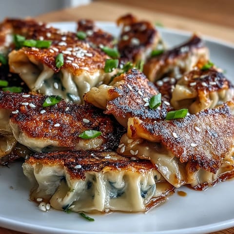 Golden-brown smashed gyozas sizzle in a skillet, with crispy edges and tender pork filling alongside a dipping sauce.