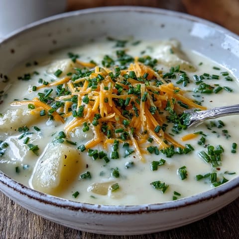 Cream of Potato Soup garnished with fresh chives and shredded cheddar, served steaming in a rustic bowl.