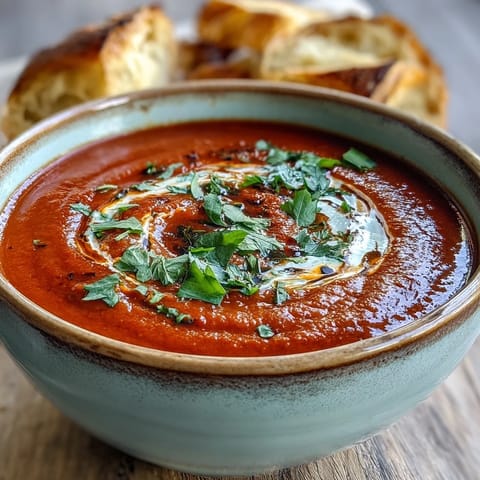 A vibrant bowl of Roasted Red Pepper Soup served with crusty bread for dipping. 