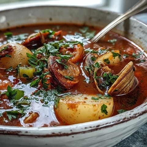 Steaming pot of Manhattan Clam Chowder featuring diced carrots, celery, and green bell peppers in a rich tomato broth.