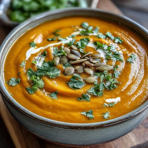 A steaming bowl of vibrant Carrot Ginger Soup garnished with fresh herbs and a coconut milk swirl.