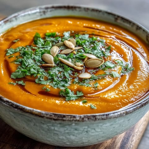 Close-up of silky Carrot Ginger Soup in a rustic bowl, with a slice of crusty bread for dipping.