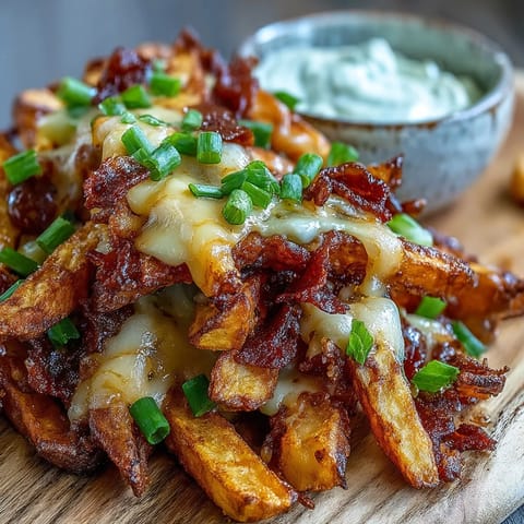 Golden, crispy oven-baked fries loaded with melted cheddar and smoky BBQ seasoning.