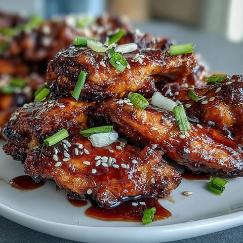 Freshly cooked Coca Cola Chicken Wings rest on a white platter, glistening with a thick, dark caramel glaze and topped with green scallion slices and sesame seeds. 