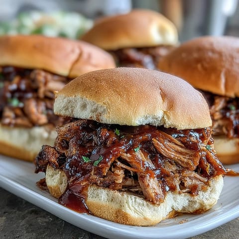 Sweet and savory shredded pork sandwiches topped with creamy coleslaw and extra applesauce.