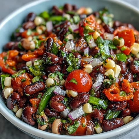 A close-up of a chilled bowl of Cowboy Caviar with fresh vegetables and beans, served alongside crispy tortilla chips for dipping.