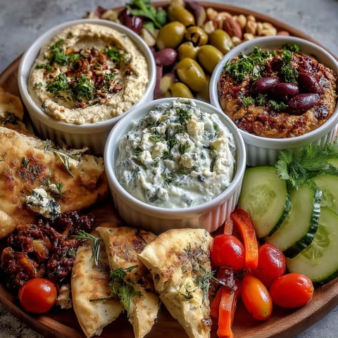 Mediterranean Brunch Board with Dips and Flatbreads loaded with hummus, baba ganoush, and tzatziki, surrounded by fresh veggies and feta.