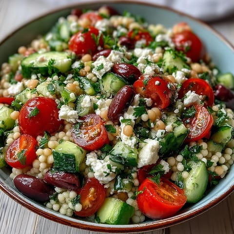 Vibrant Mediterranean Pearl Couscous salad in a white bowl, tossed with diced red bell pepper, cucumber, and cherry tomatoes.