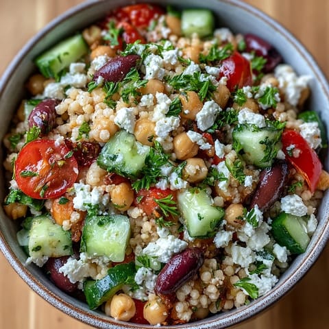 Sun-drenched Mediterranean Pearl Couscous with briny kalamata olives and crumbled feta, perfect for a fresh, easy vegetarian lunch.