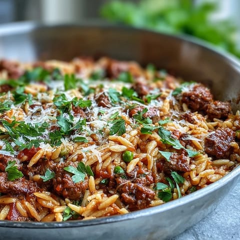 Forkful of Comforting Ground Beef Orzo Dinner featuring tender pasta, savory meat, and sweet bell peppers.