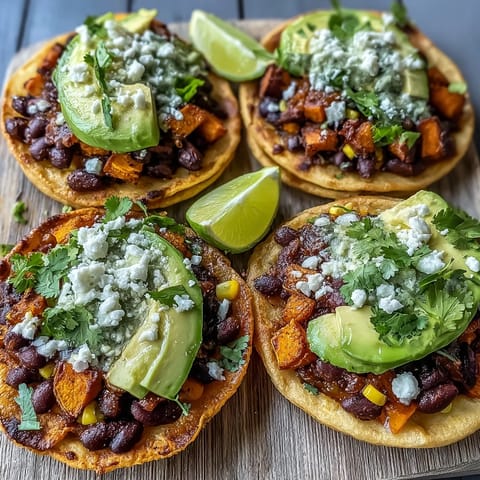 Crispy tostada shells piled high with smoky roasted sweet potatoes and limey black beans for a satisfying vegetarian lunch.