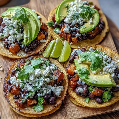 Fresh avocado slices and crumbled feta top the Black Bean and Sweet Potato Tostadas, adding creamy texture and bright flavor.