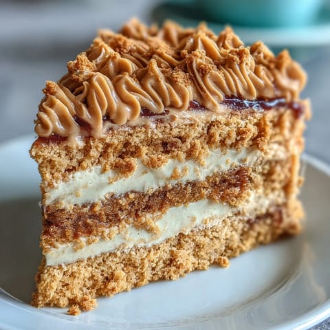 A close-up of Decadent Baked Biscoff Cake with Creamy Lotus Frosting, featuring a thick swirl of spiced frosting on a moist slice.