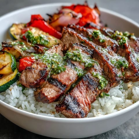 Vibrant Grilled Steak Bowl with fluffy rice and caramelized roasted vegetables on a white plate.
