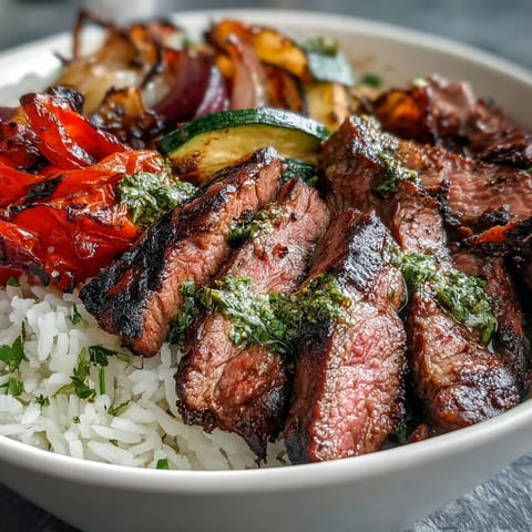 A hearty bowl of Grilled Steak Bowl drizzled with bright green, homemade chimichurri sauce.