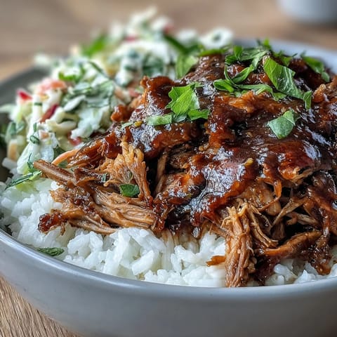 Tender shredded pork and crisp coleslaw on fluffy rice in a hearty pulled pork bowl.
