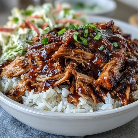 A close view of a warm pulled pork bowl with BBQ sauce drizzle on rice.