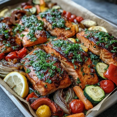 Freshly roasted Sheet Pan Salmon and Veggies Bowl featuring tender salmon nestled among caramelized carrots and red onions, steaming hot on a parchment-lined pan for an easy weeknight meal.