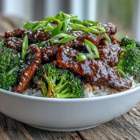 Steamed broccoli florets and saucy beef strips over fluffy white rice in a bowl for a Beef and Broccoli Bowl.