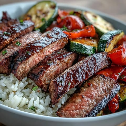 Vibrant sheet pan steak and veggie bowl with juicy sirloin, roasted peppers, zucchini, and cherry tomatoes over fluffy jasmine rice.