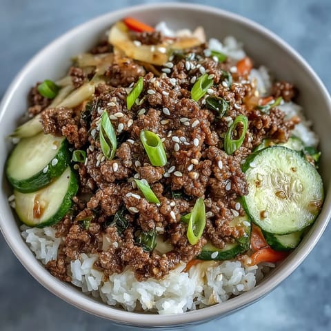 A colorful Korean ground beef bowl with savory beef over jasmine rice and tangy pickled vegetables.  