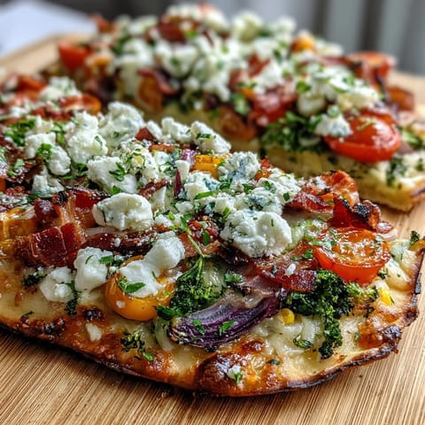 Vibrant St. Patricks Day Rainbow Veggie Flatbread Pizza with colorful peppers, tomatoes, and greens on a crispy naan crust.  