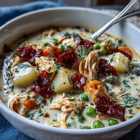 Slow Cooker Chicken Pot Pie Soup in a creamy broth with tender chicken and vegetables.
