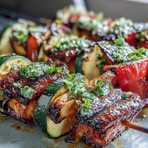 Grilled Summer Veggie Skewers with Chimichurri sauce, colorful and smoky, served on a platter with vibrant chimichurri drizzle.
