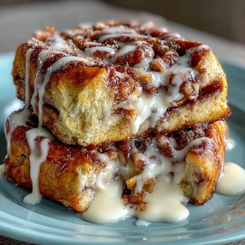Warm cinnamon roll pancake casserole with cream cheese glaze, baked golden and ready to serve with a drizzle of sweet vanilla icing.