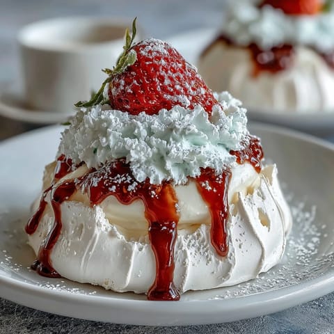 Delicate, crisp meringue nests filled with billowy whipped cream and juicy strawberries, a light spring dessert.