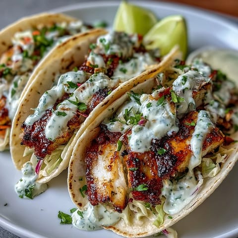 Zesty grilled fish tacos marinated in coconut milk and lime, topped with crunchy cabbage slaw and creamy coconut lime sauce.  