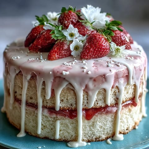 Floral drip cake with strawberry frosting, a spring celebration dessert, features white chocolate ganache and edible flower crown.