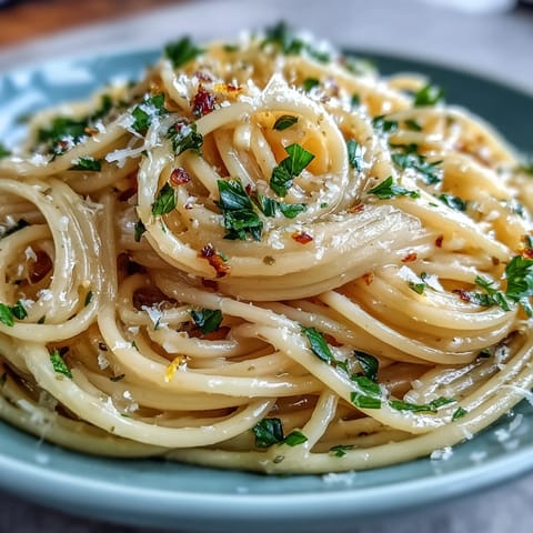 Bright and silky lemon butter pasta garnished with parsley, served in a white bowl with grated cheese on top.